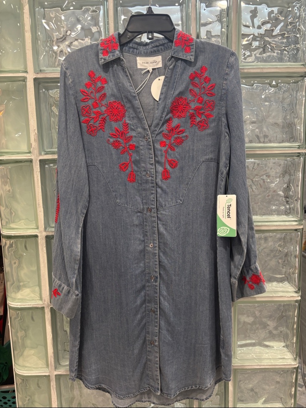 Dear John Chambray Shirt with Red Floral Embroidery